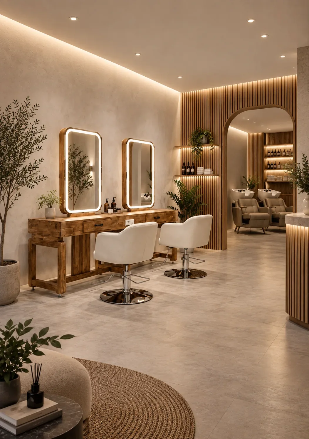 Salon Épaulia — coiffeuse et miroirs lumineux