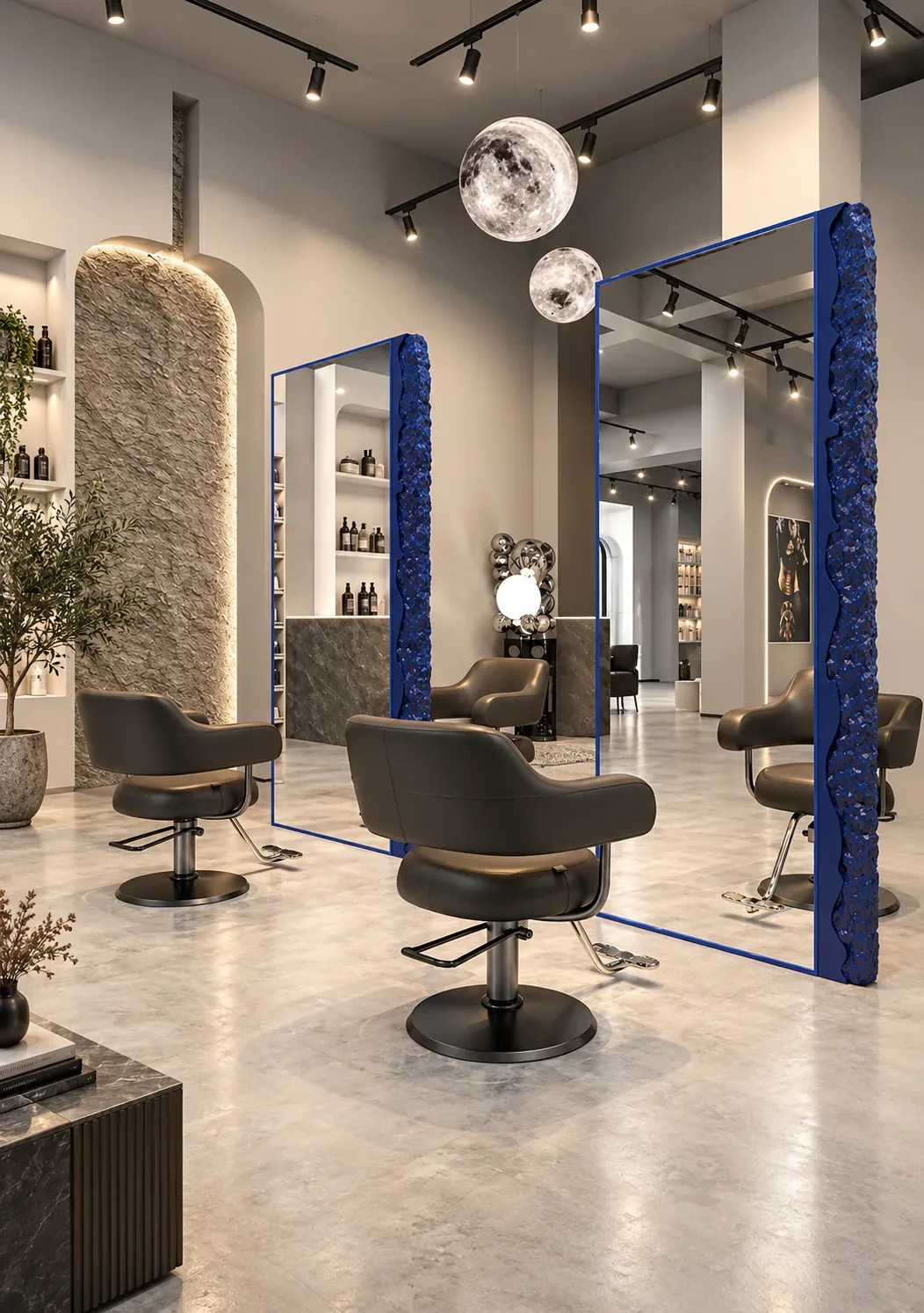 Salon Épaulia — miroirs et fauteuils de coupe